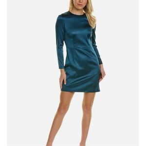 Theory Women’s 6 Satin Mini Evening Dress Deep Arctic Teal Long Sleeve Elegant